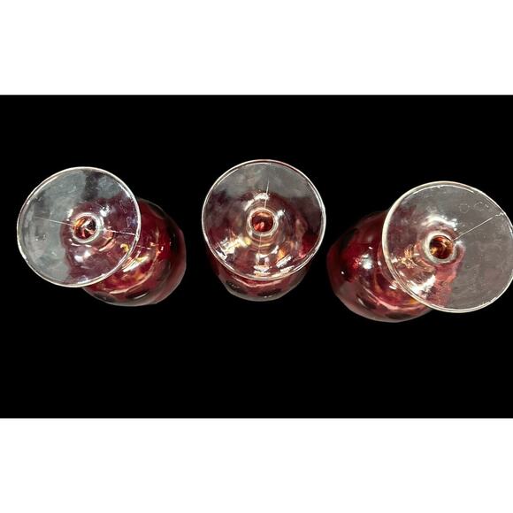 Vintage Bartlett Collins Red Cranberry Flash Thumbprint Water Goblet Lot Of 3 - Picture 9 of 11